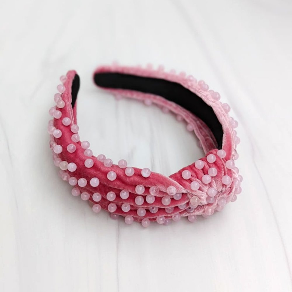 Mauve Pink Beaded Knot Velvet Headband Pink Quartz Swirl Acrylic Beads Handmade